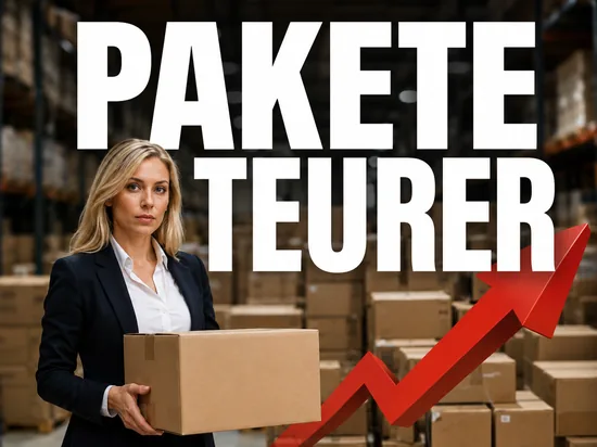 Paket- und Päckchenpreise steigen, Geschäftsfrau mit Paket und rotem Aufwärtspfeil im Versandlager
