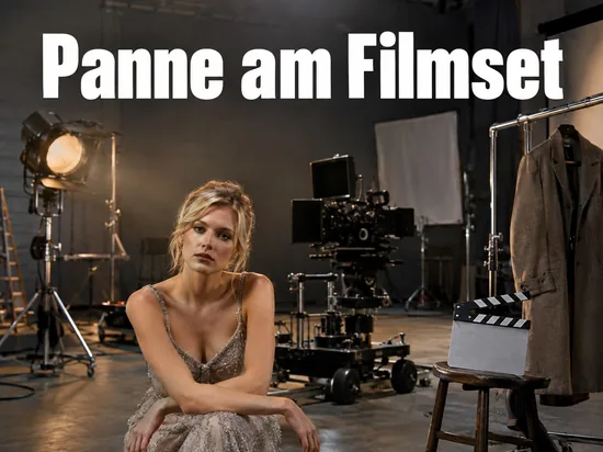 Frau im Kleid sitzt auf einem Filmset neben Kamera, Scheinwerfer und Filmklappe