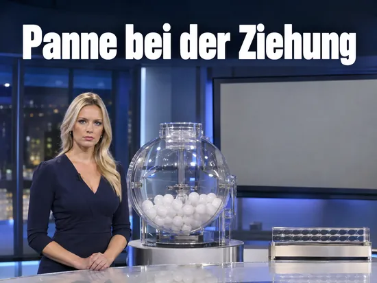 Frau in einem Studio neben einer glaesernen Ziehungstrommel mit weissen Kugeln