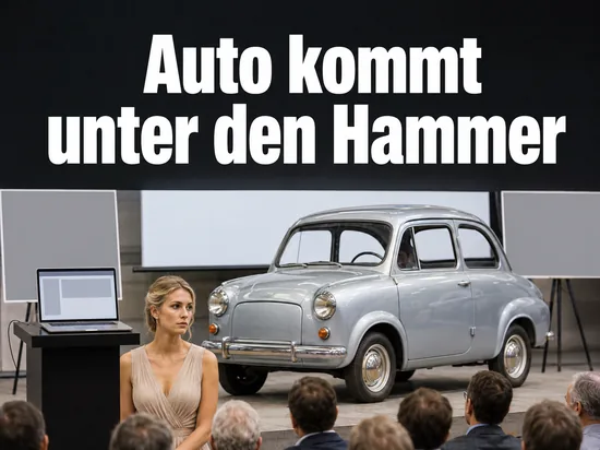 Oldtimer-Kleinwagen in einer Ausstellungshalle vor Publikum als Symbol fuer eine Auktion