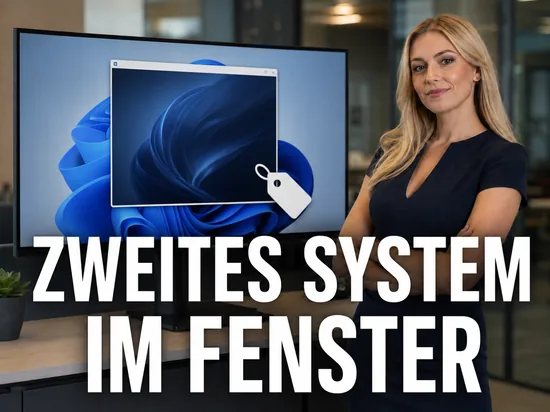 Geschaeftsfrau vor Monitor mit einem zweiten Betriebssystem in einem eigenen Fenster und Preisschild-Symbol
