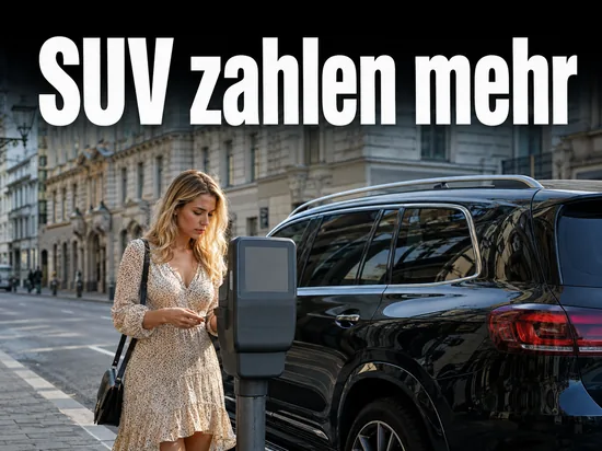 Großer SUV am Straßenrand einer Altstadtstraße neben einem Parkscheinautomaten