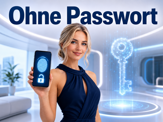 Frau hält Smartphone mit leuchtendem Fingerabdruck und offenem Schloss, Schriftzug „Ohne Passwort“