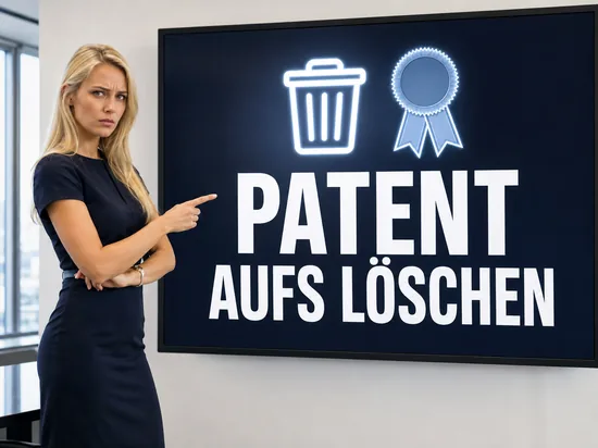Skeptische blonde Geschäftsfrau vor einem Bildschirm mit Papierkorb-Symbol und Patentsiegel als Symbol für ein Patent auf das Löschen von Dateien