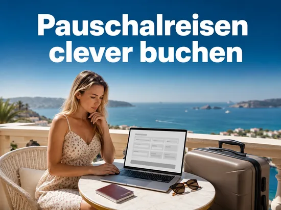 Laptop mit leerer Buchungsmaske auf einem Balkon mit Meerblick als Symbol fuer guenstige Pauschalreisen