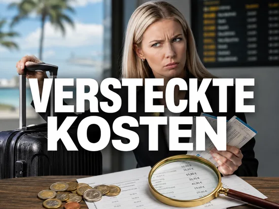 Skeptische Geschäftsfrau mit Koffer und Reiseunterlagen prüft mit einer Lupe eine Kostenaufstellung, Symbolbild für versteckte Zusatzkosten bei Pauschalreisen