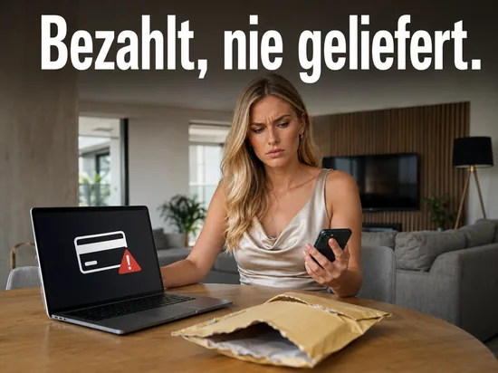 Frau mit Smartphone und Laptop vor einem leeren Versandumschlag: PayPal-Betrug mit 381 Faellen in Rinteln aufgedeckt