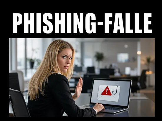 Blonde Geschaeftsfrau wehrt mit der Hand ab am Laptop mit Phishing-Mail und Warnsymbol, Schriftzug Phishing-Falle
