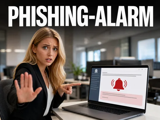 Blonde Geschaeftsfrau wehrt warnend ab am Laptop mit Phishing-Mail und roter Alarmglocke, Schriftzug Phishing-Alarm