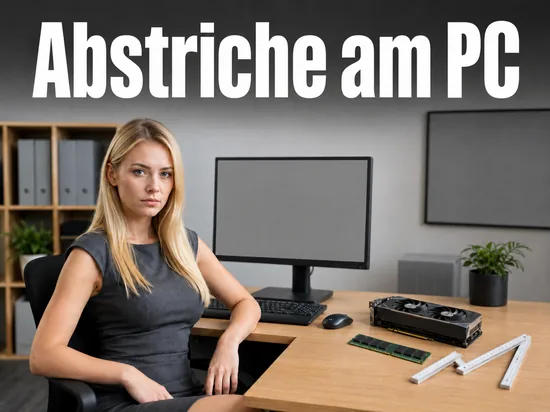 Schreibtisch mit Computer, Grafikkarte, Speicherriegel und Zollstock