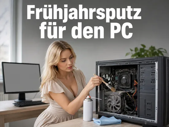 Frau reinigt mit Pinsel und Druckluft das Innere eines verstaubten Computergehäuses