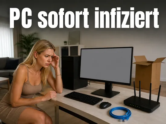 Frau sitzt besorgt vor einem neu aufgebauten Computer mit Router und Netzwerkkabel