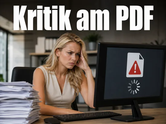 Frau am Schreibtisch blickt genervt auf Bildschirm mit PDF-Dokument, Warnzeichen und Ladekreis neben Papierstapel