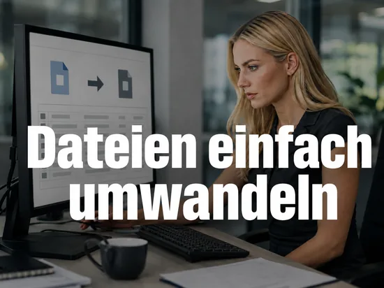 Geschaeftsfrau vor einem Monitor mit Konvertierungsprogramm und Umwandlungspfeilen als Symbol fuer Werkzeuge zum Umwandeln von PDF-Dateien