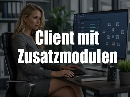 Geschaeftsfrau vor einem Monitor mit Filesharing-Programm und Netzwerk aus verbundenen Rechnern als Symbol fuer einen neuen P2P-Client mit Zusatzmodulen