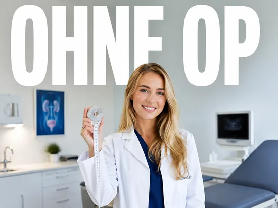 Junge blonde Aerztin in einer urologischen Praxis haelt laechelnd ein Massband als Symbol fuer eine Behandlung ohne Operation