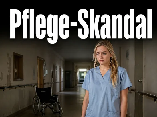 Junge blonde Pflegerin mit traurigem Gesichtsausdruck in einem tristen Flur eines Pflegeheims als Symbol fuer Missstaende in der Pflege