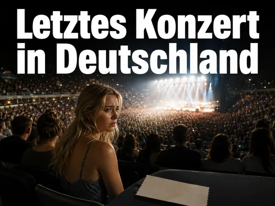 Frau im Rang einer Konzertarena mit Blick zur Buehne, Schriftzug Letztes Konzert in Deutschland