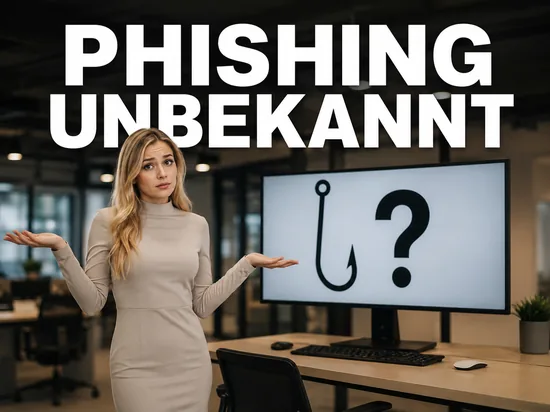 Blonde Geschaeftsfrau zuckt ratlos mit den Schultern vor Monitor mit Angelhaken und Fragezeichen, Schriftzug Phishing unbekannt
