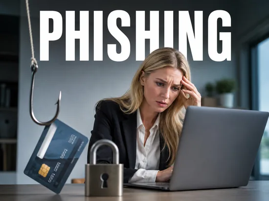 Besorgte blonde Frau am Laptop mit Angelhaken an einer Kreditkarte und Sicherheitsschloss, Symbolbild Phishing-Attacken beim Online-Banking