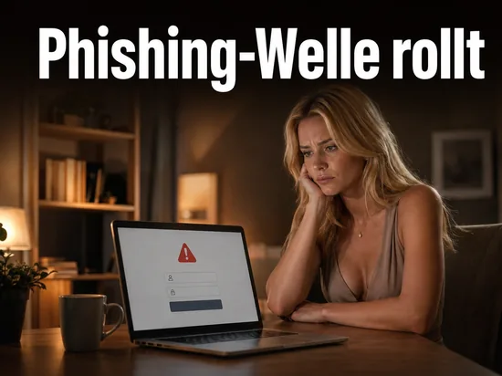 Frau am Laptop mit gefaelschtem Bank-Login und Warnsymbol: neue Phishing-Welle gegen Bankkunden