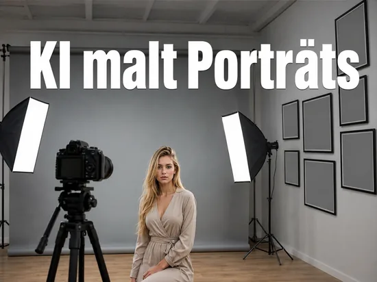 Fotostudio mit Kamera auf Stativ und leeren Bilderrahmen an der Wand