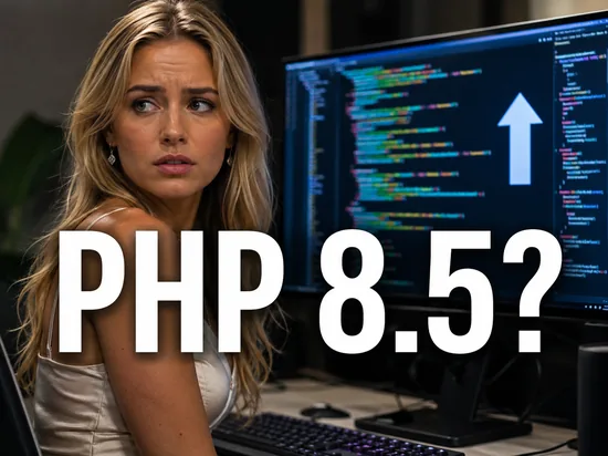 Frau vor einem Monitor mit Programmcode und Upgrade-Pfeil