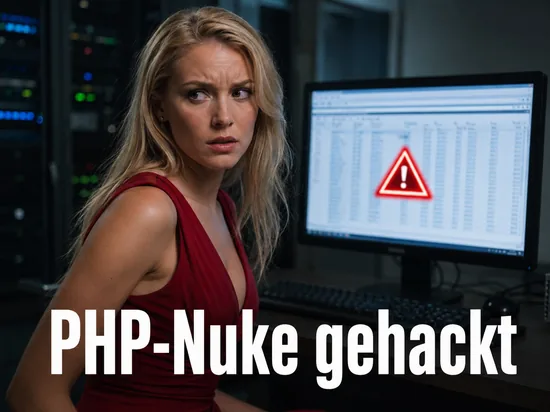 Frau vor einem Monitor mit einer Datenbank-Tabelle und Warnsymbol