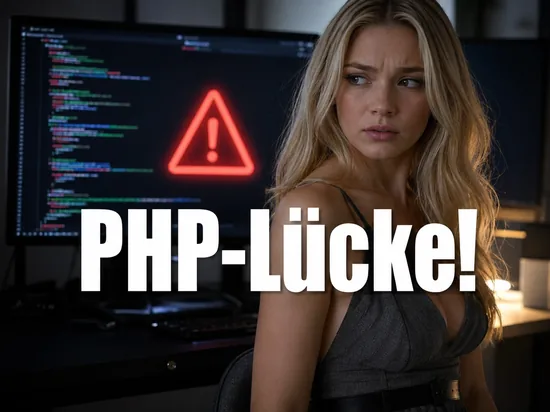 Frau vor einem Windows-Desktop mit Programmcode und Warndreieck