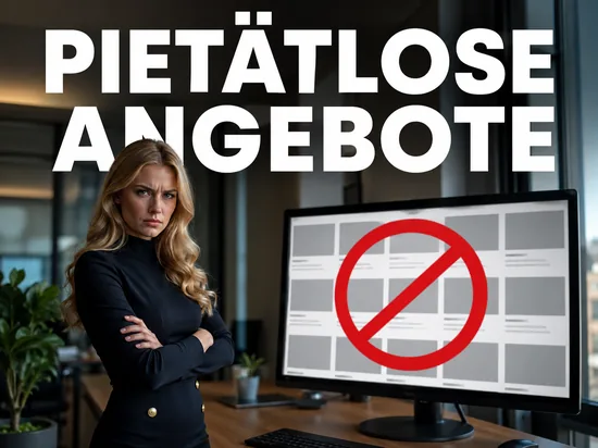 Blonde Frau vor Monitor mit abgedeckten Auktionsangeboten und rotem Verbotszeichen, Schriftzug Pietaetlose Angebote