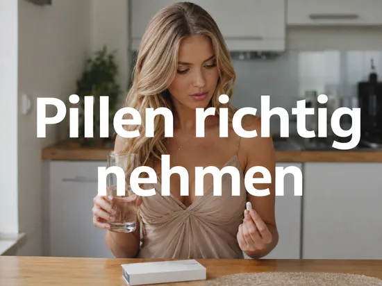 Frau haelt ein Glas Wasser und eine weisse Tablette, auf dem Tisch eine Tablettenschachtel