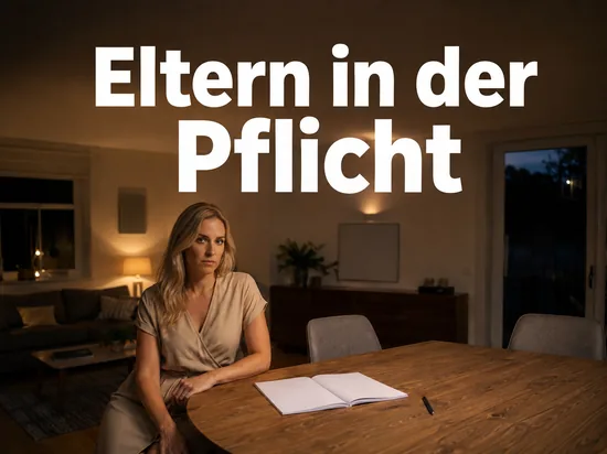 Mutter am Esstisch mit einem aufgeschlagenen Schulheft