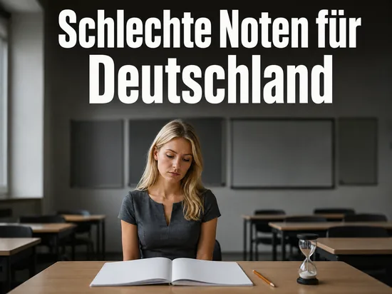 Schülerin mit leerem Testheft und Sanduhr im Klassenzimmer