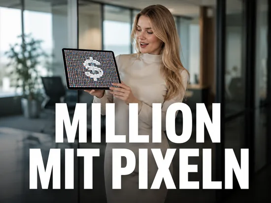 Blonde Geschaeftsfrau haelt Tablet mit Pixelraster und Dollarzeichen, Schriftzug Million mit Pixeln