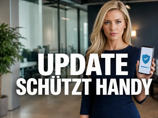 Geschaeftsfrau mit Smartphone, auf dem ein Sicherheitsupdate mit blauem Schutzschild angezeigt wird