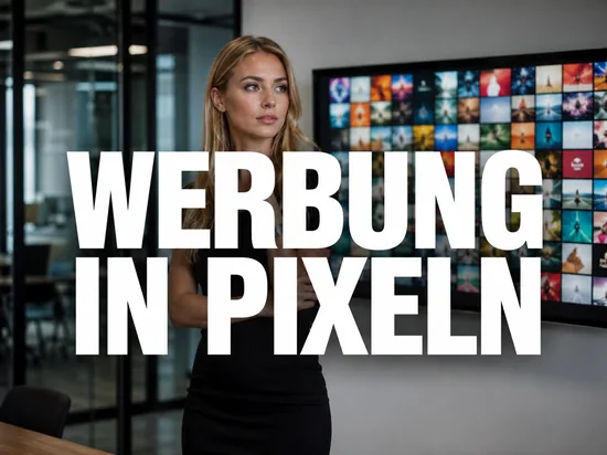 Blonde Geschaeftsfrau vor Bildschirm mit buntem Raster aus winzigen Werbekacheln, Schriftzug Werbung in Pixeln