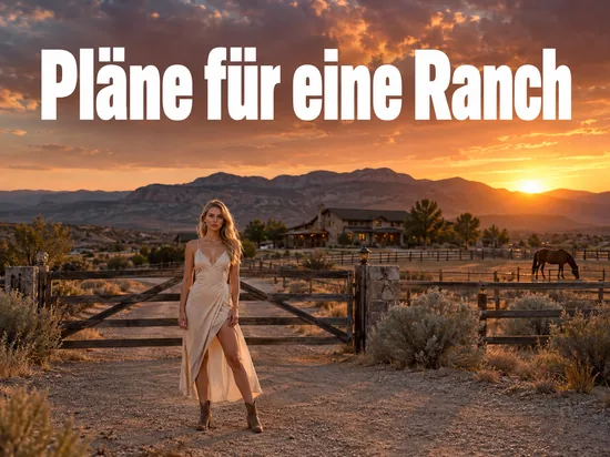 Frau vor dem Tor einer Ranch in der Wüste Nevadas bei Sonnenuntergang