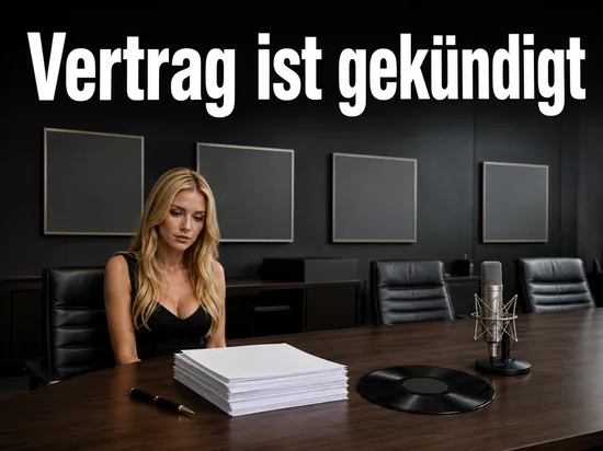 Frau im Konferenzraum einer Plattenfirma mit Vertragsstapel, Schallplatte und Mikrofon, Schriftzug Vertrag ist gekündigt