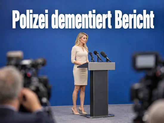 Frau als Pressesprecherin am Rednerpult vor blauer Wand mit Schriftzug Polizei dementiert Bericht