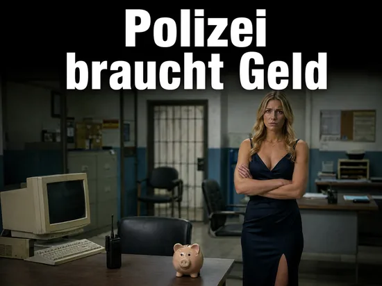 Frau in einer Polizeiwache mit veralteter Technik und Sparschwein: Polizeigewerkschaft fordert mehr Geld und Personal