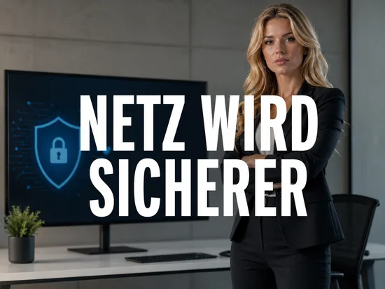 Blonde Geschaeftsfrau vor einem Monitor mit Schutzschild und Schloss-Symbol, Schriftzug Netz wird sicherer