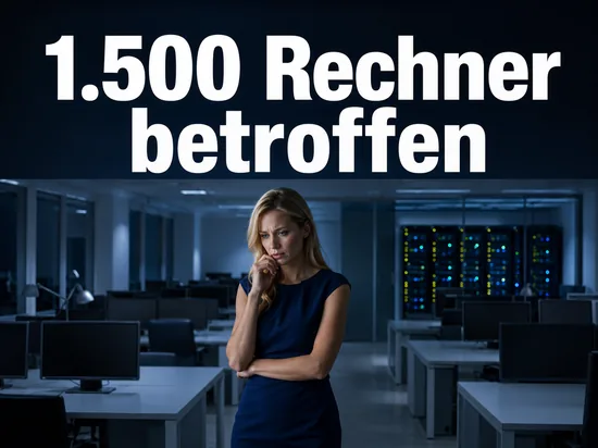 Frau in einem naechtlichen Buero mit vielen Computerarbeitsplaetzen und Serverschrank: 1.500 Rechner im Ermittlungsverfahren betroffen