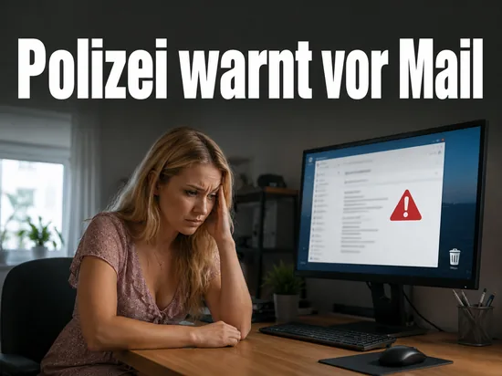 Frau am Rechner vor einer gefaelschten Mail mit Warnsymbol: Polizei warnt vor angeblichem Strafverfahren