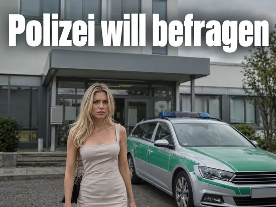 Frau steht vor einer Polizeiwache neben einem Streifenwagen