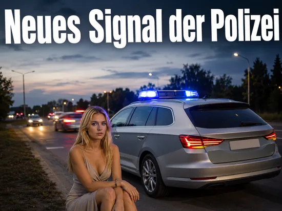 Polizeiwagen mit Blaulicht am Rand einer Ausfallstraße in der Abenddämmerung