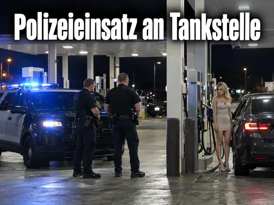 Zwei Polizisten an einem Streifenwagen an einer nächtlichen Tankstelle, daneben eine Frau an der Zapfsäule