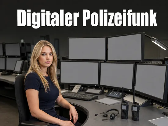 Blonde Frau an einem Leitstellen-Arbeitsplatz mit mehreren leeren Bildschirmen, zwei Handfunkgeräten und Headset