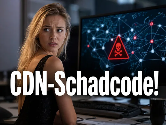 Frau vor einem Monitor mit CDN-Diagramm und Schadcode-Warnung