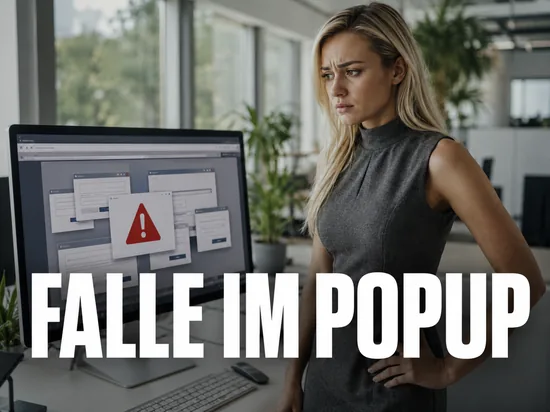 Blonde Frau blickt warnend auf Monitor mit mehreren Popup-Formularen und Warndreieck, Schriftzug Falle im Popup