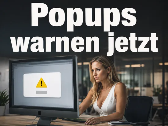 Geschaeftsfrau vor einem Monitor mit Hinweis-Popup und gelbem Ausrufezeichen als Symbol fuer Popup-Warnungen im Browser